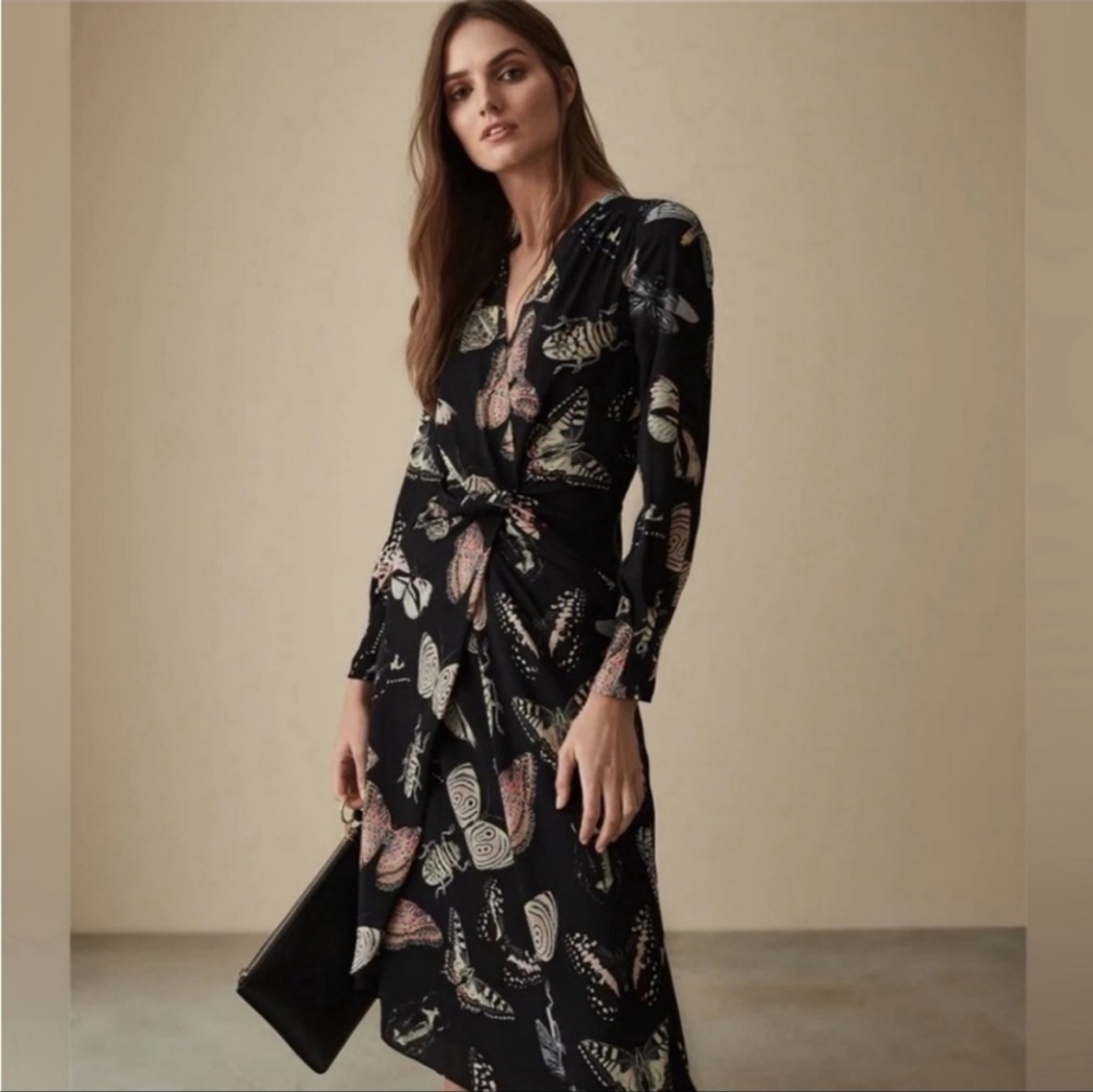 Reiss Multicolor Butterfly Print Long Sleeve Dress